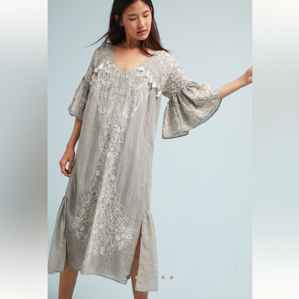 Maeve Tisdale Embroidered Midi Dress in Grey and White - Size 10